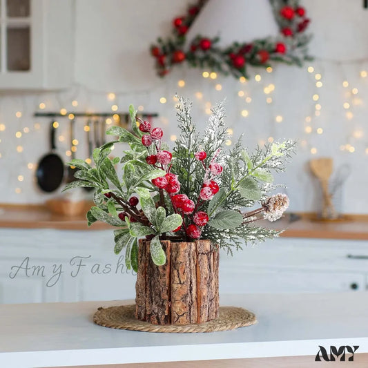 Christmas Centerpiece Decoration With Potted Plants Greenery Pine Needles And Red Berry Stems -