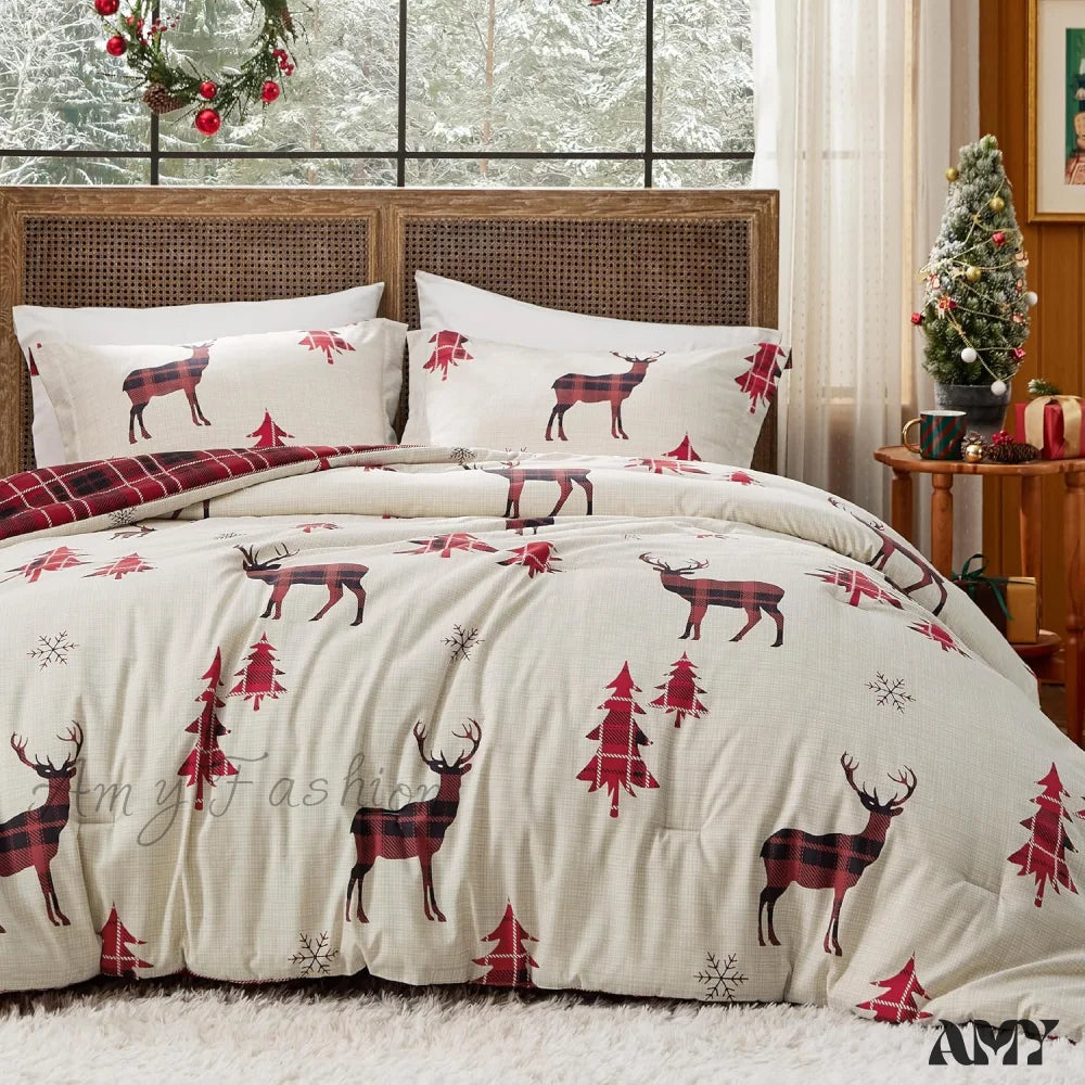 Christmas Comforter Set Queen - Bedding With Tree 3 Pieces 1 And 2 Pillow Shams 01 Red Reindeer /