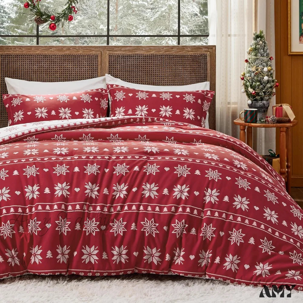 Christmas Comforter Set Queen - Bedding With Tree 3 Pieces 1 And 2 Pillow Shams 02 Red Snowflake /