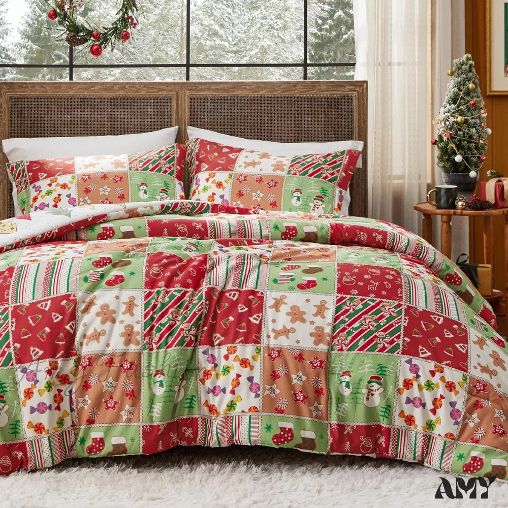 Christmas Comforter Set Queen - Bedding With Tree 3 Pieces 1 And 2 Pillow Shams 03 Red / Twin