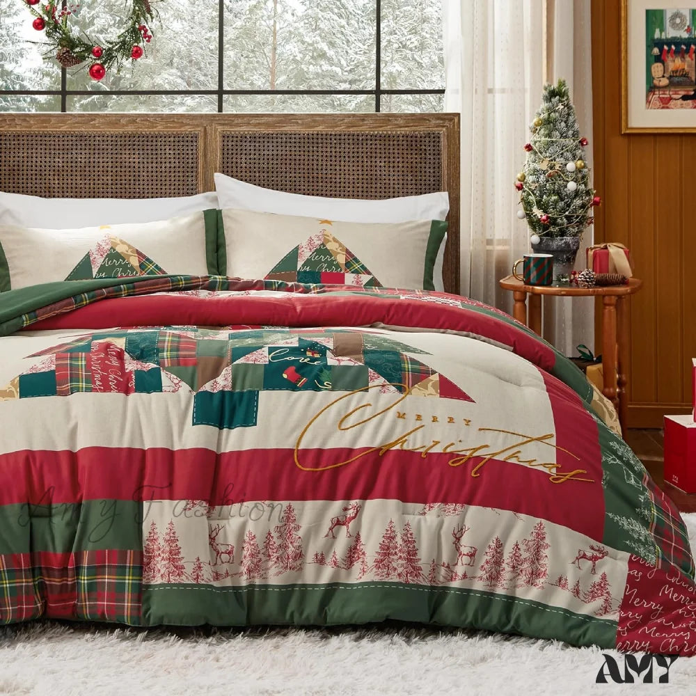 Christmas Comforter Set Queen - Bedding With Tree 3 Pieces 1 And 2 Pillow Shams 04 Green /