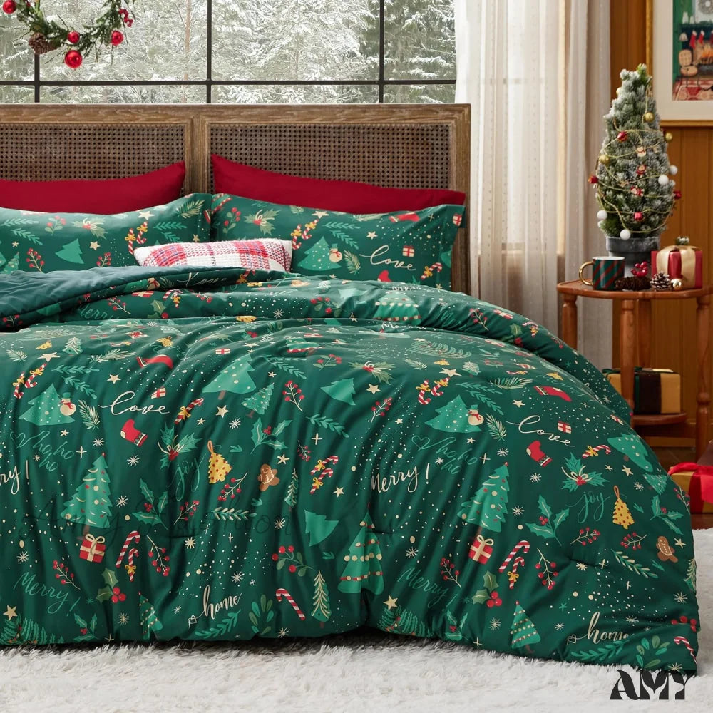 Christmas Comforter Set Queen - Bedding With Tree 3 Pieces 1 And 2 Pillow Shams 05 Green Forest /