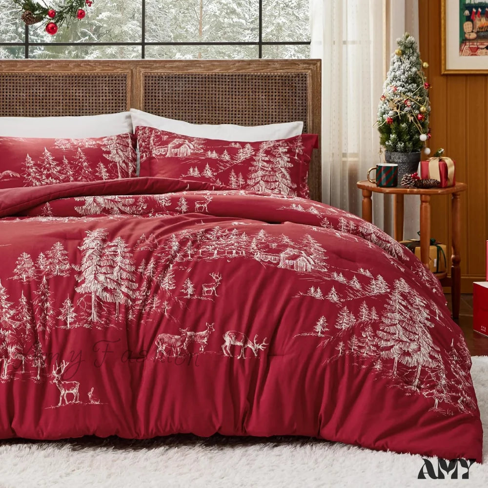 Christmas Comforter Set Queen - Bedding With Tree 3 Pieces 1 And 2 Pillow Shams 06 Red Forest / Twin