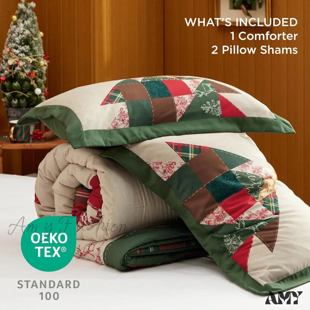 Christmas Comforter Set Queen - Bedding With Tree 3 Pieces 1 And 2 Pillow Shams