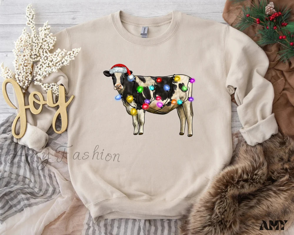 Christmas Cow Lights Hoodie - Farm Sports Model Creamy-White / S