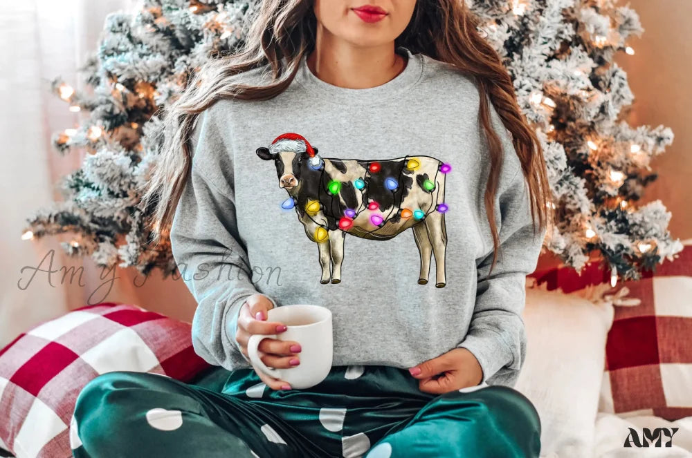 Christmas Cow Lights Hoodie - Farm Sports Model Gray / S