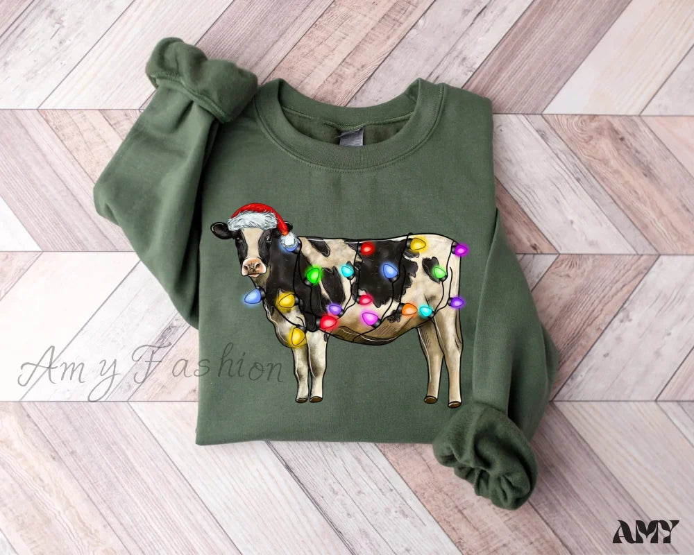 Christmas Cow Lights Hoodie - Farm Sports Model Green / S