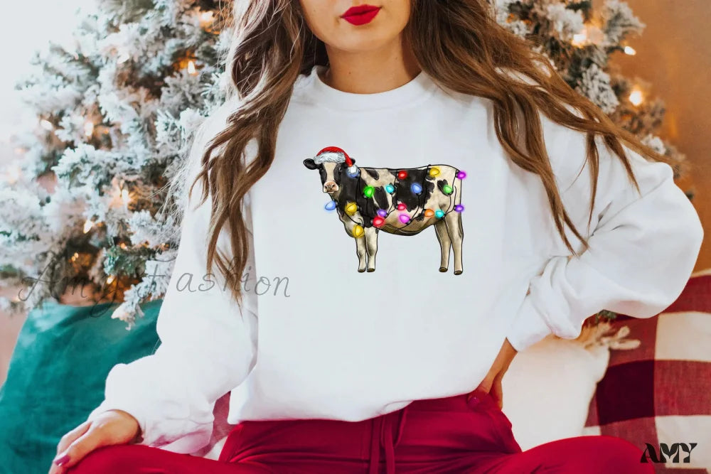 Christmas Cow Lights Hoodie - Farm Sports Model White / S