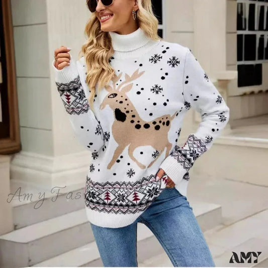 Christmas Deer Knitted Long Sleeve Casual Ugly Blouse Sweater White / S