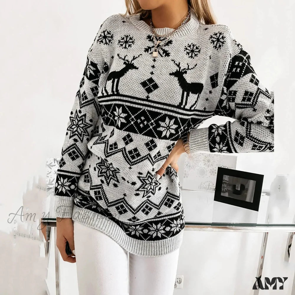 Christmas Deer Knitted Long Sleeve Sweater Gray / S