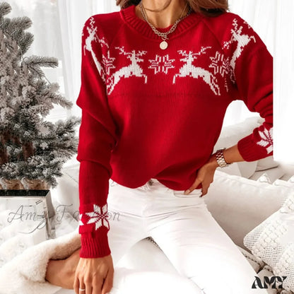 Christmas Deer Knitted Long Sleeve Sweater Red / S