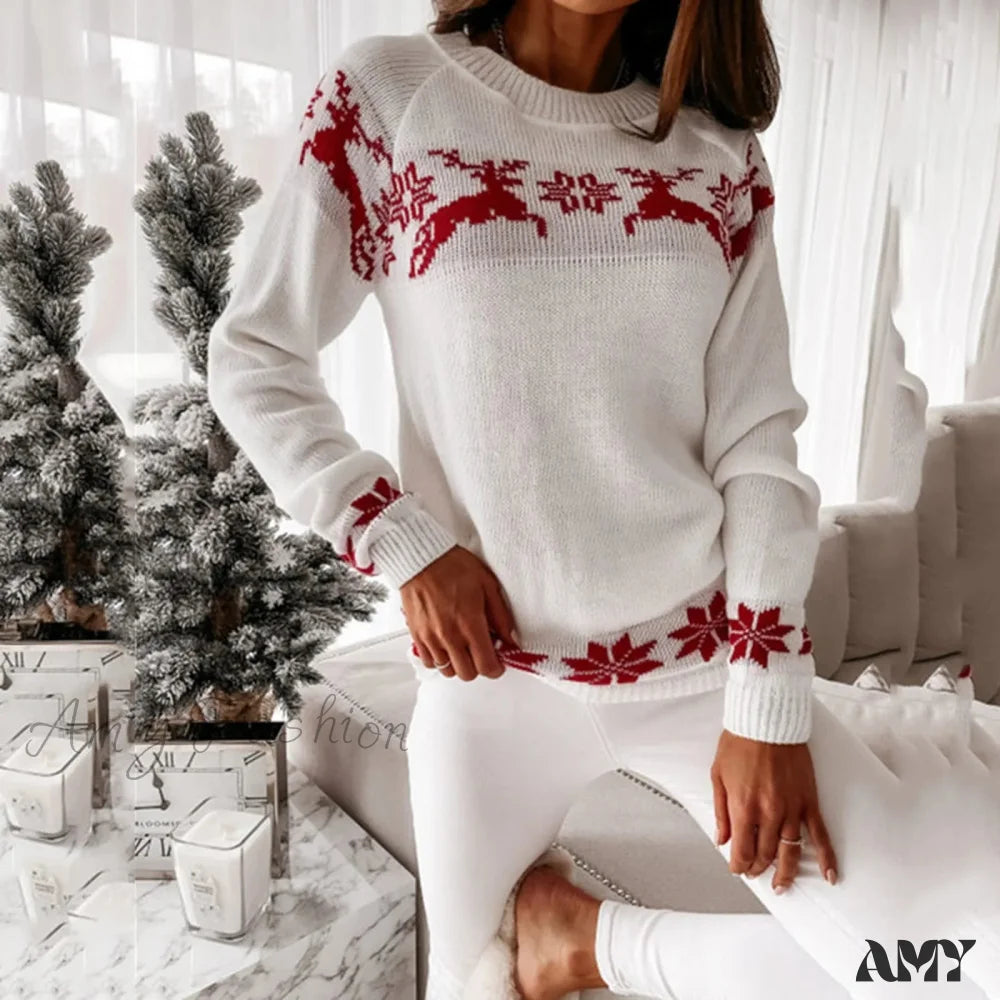 Christmas Deer Knitted Long Sleeve Sweater White / S