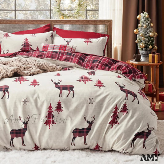 Christmas Duvet Cover Queen - Reversible Buffalo Check Printed Plaid Includes 1 And 2 Pillow Shams