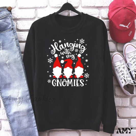 Christmas Gnomes Hanging Funny Santa Graphic Hoodie Black / S