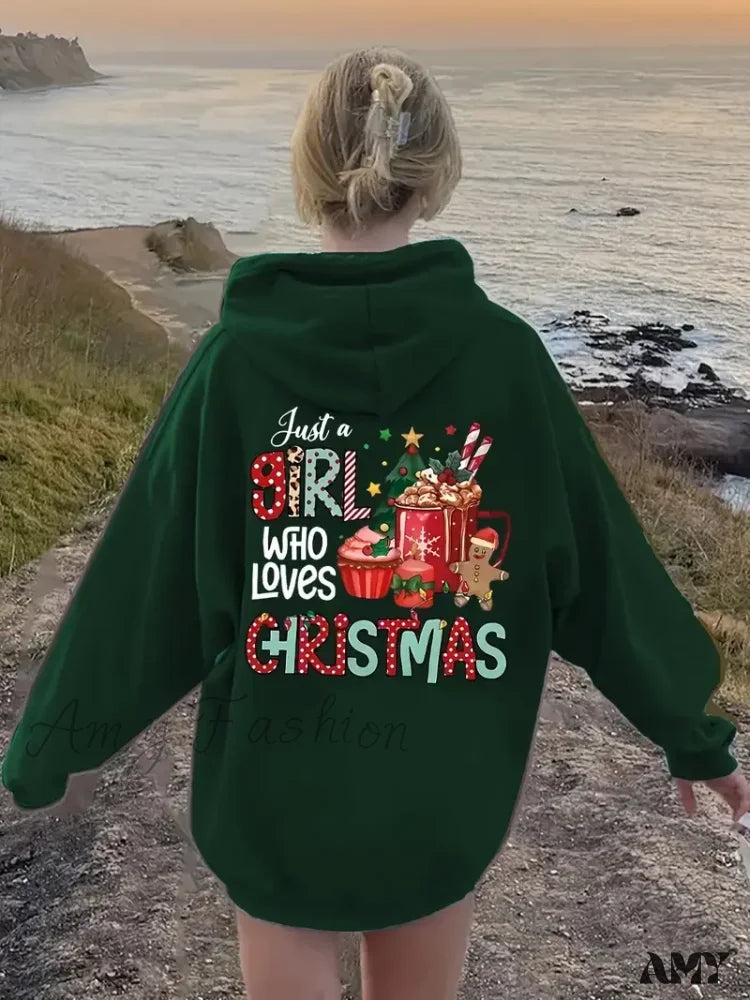 Christmas Graphic Kangaroo Casual Long Sleeve Drawstring Hoodie Green / S