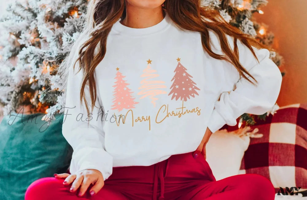 Christmas Hoodie - Pink Tree Design White / S