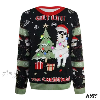 Christmas Jacquard Knitted Pullover With Led Lights - Casual Fashion Sweater