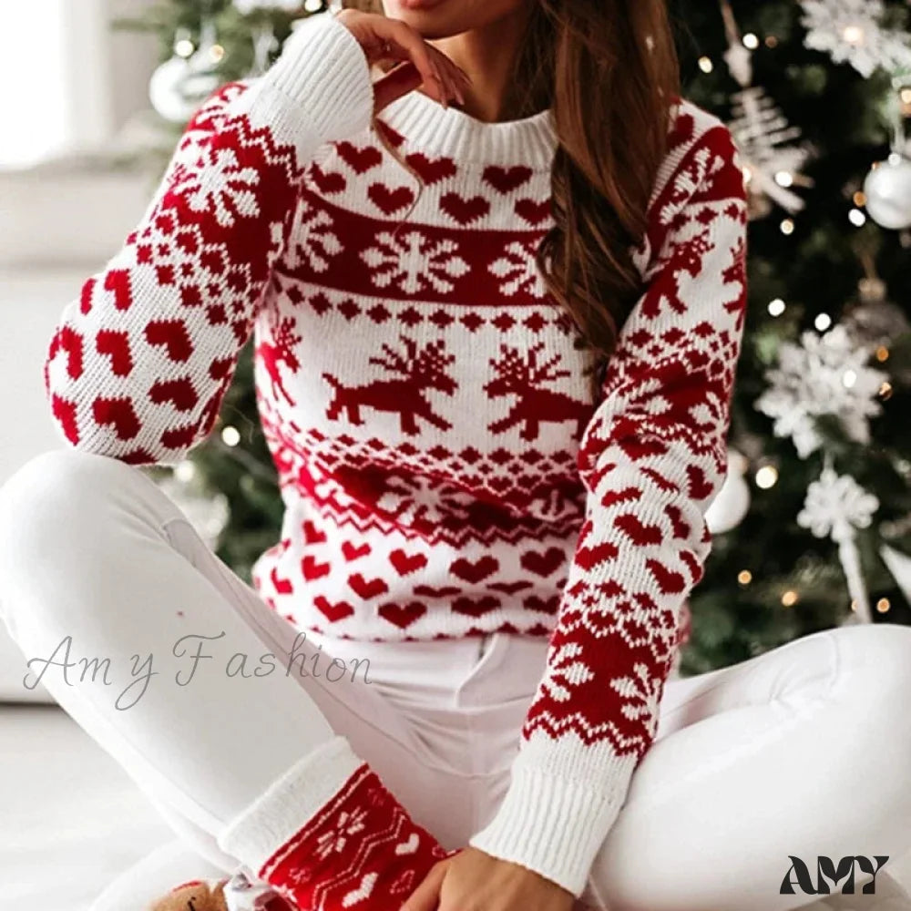 Christmas Knitting Soft Warm Knitwear Full Sleeve Casual Sweater White / S