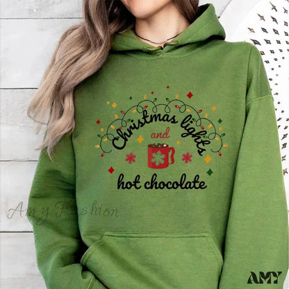 Christmas Lights Hot Chocolate Hoodie - Merry & Bright Festive Family Style Army Green / S