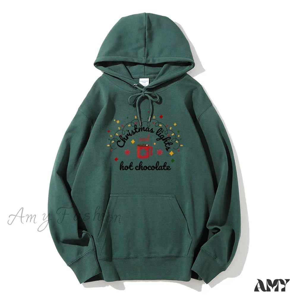 Christmas Lights Hot Chocolate Hoodie - Merry & Bright Festive Family Style Green / S