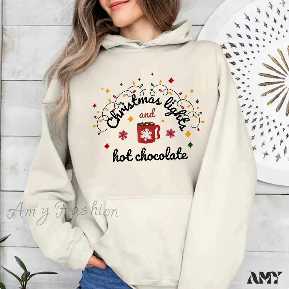 Christmas Lights Hot Chocolate Hoodie - Merry & Bright Festive Family Style Khaki / S