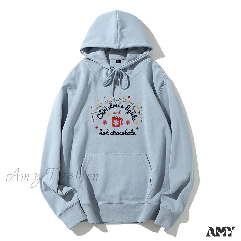 Christmas Lights Hot Chocolate Hoodie - Merry & Bright Festive Family Style Light Blue / S