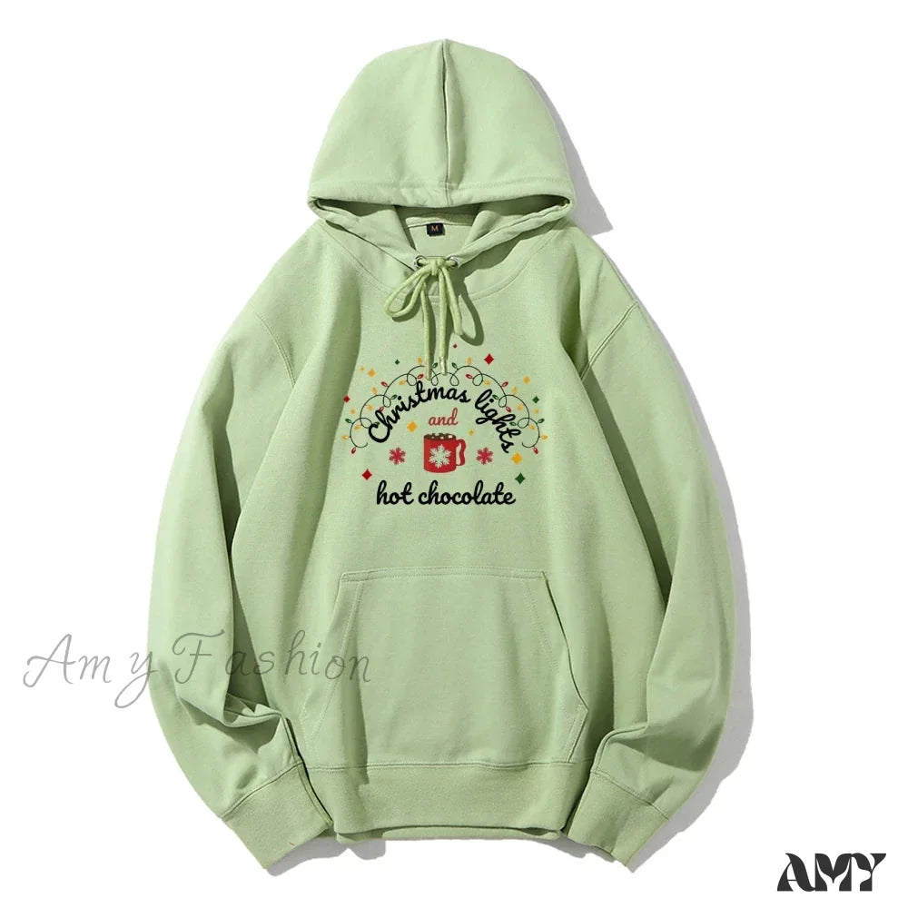 Christmas Lights Hot Chocolate Hoodie - Merry & Bright Festive Family Style Light Green / S