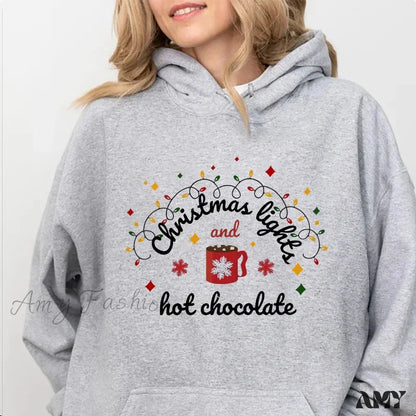 Christmas Lights Hot Chocolate Hoodie - Merry & Bright Festive Family Style Light Grey / S