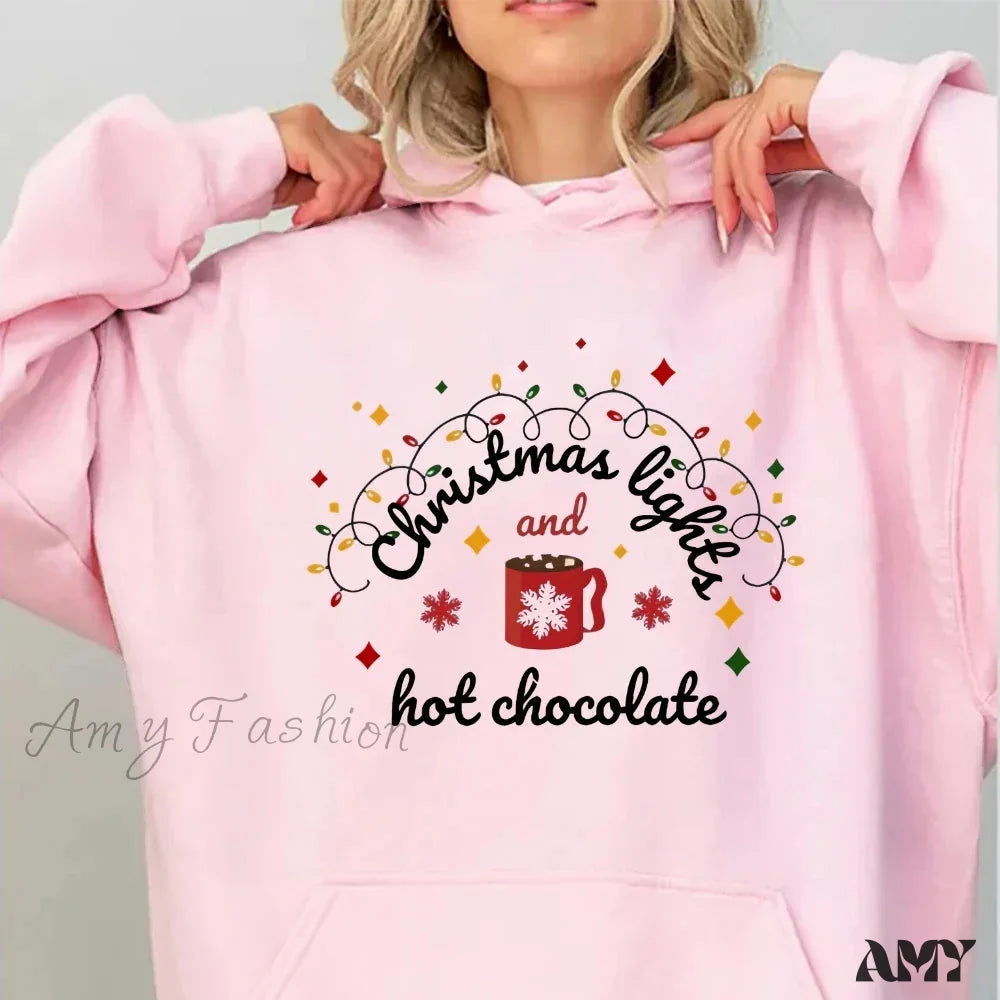 Christmas Lights Hot Chocolate Hoodie - Merry & Bright Festive Family Style Pink / S