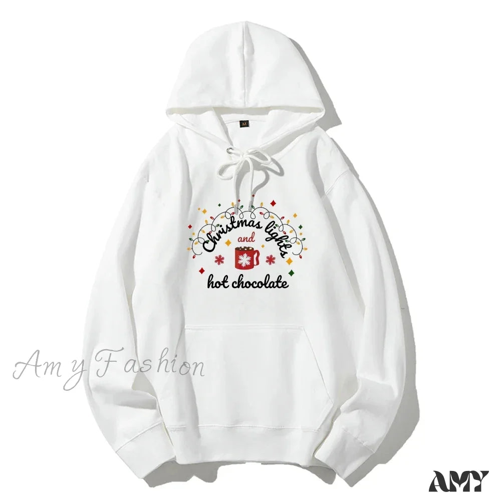 Christmas Lights Hot Chocolate Hoodie - Merry & Bright Festive Family Style White / S