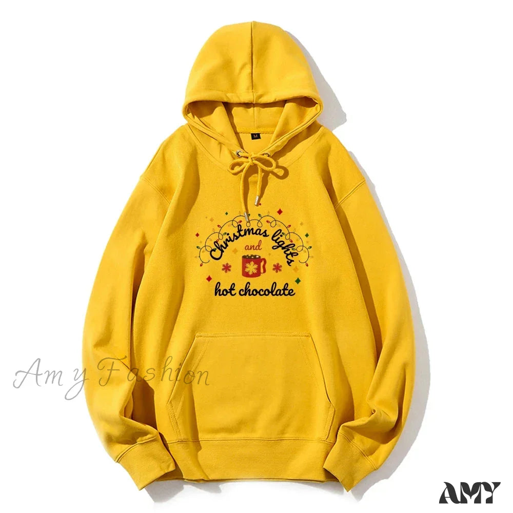 Christmas Lights Hot Chocolate Hoodie - Merry & Bright Festive Family Style Yellow / S