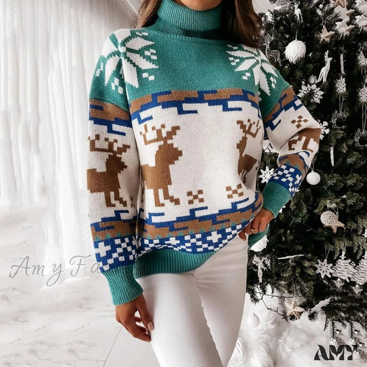 Christmas Print Knitted Casual Long Sleeve Ugly Women Sweater Green / S