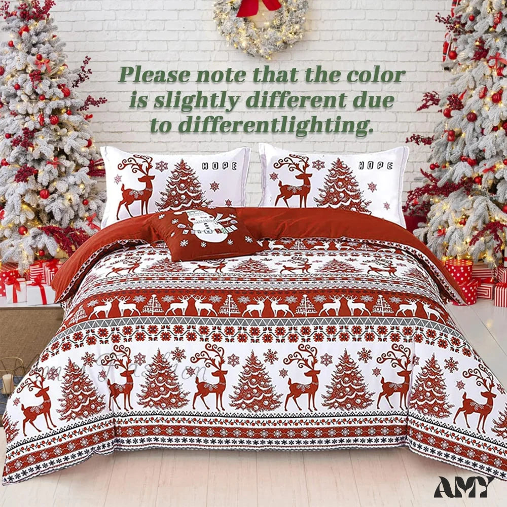 Christmas Queen Size Duvet Cover Set - Red Deer Tree Snowflake Pattern Soft Microfiber Zipper