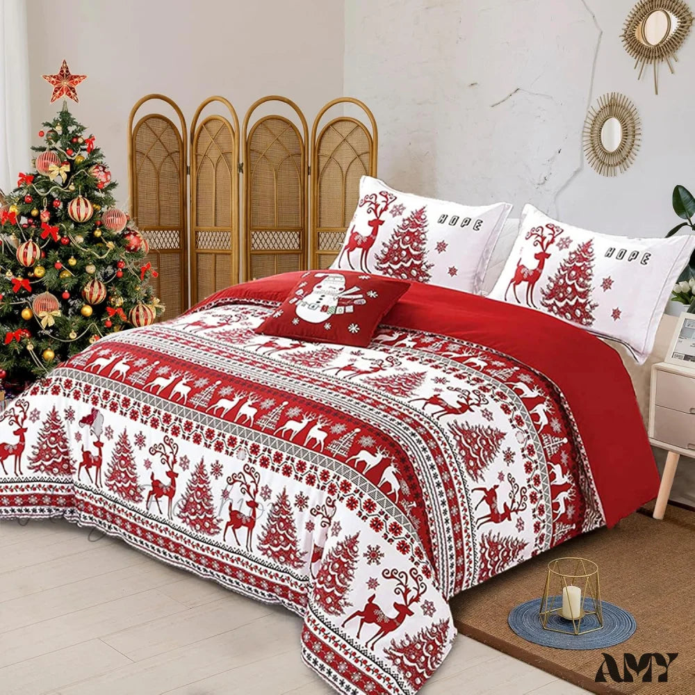 Christmas Queen Size Duvet Cover Set - Red Deer Tree Snowflake Pattern Soft Microfiber Zipper