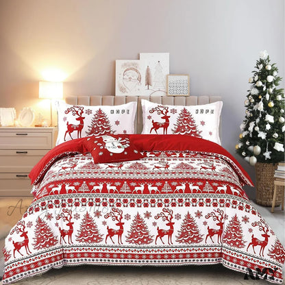 Christmas Queen Size Duvet Cover Set - Red Deer Tree Snowflake Pattern Soft Microfiber Zipper