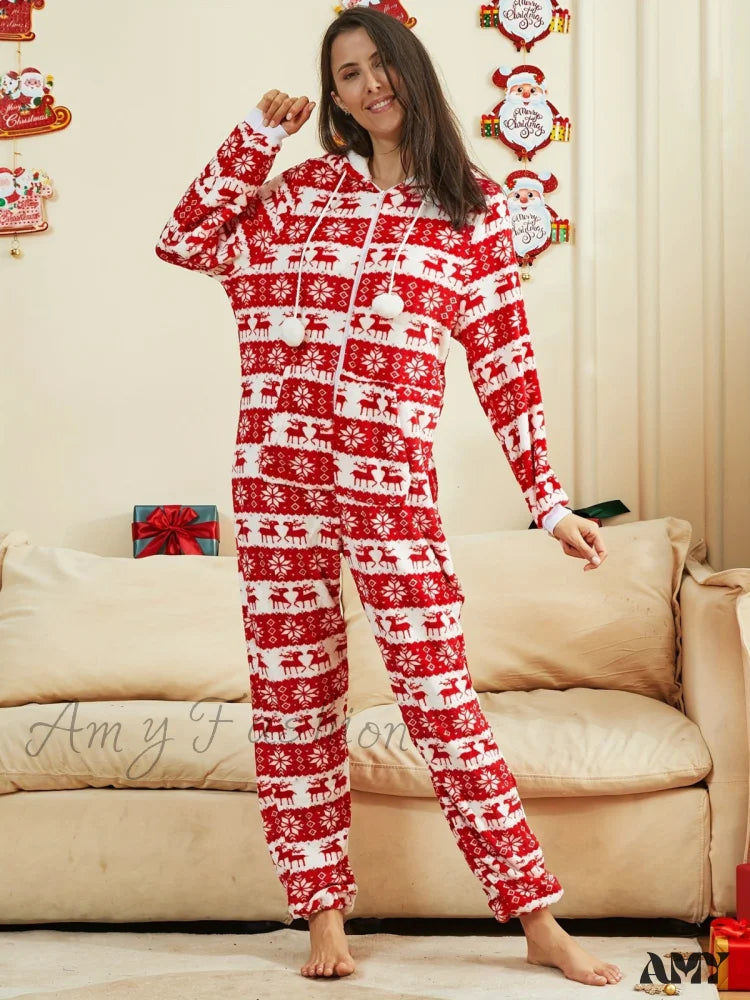 Christmas Reindeer Flannel One-Piece Pajama Suit Red / S