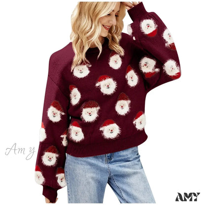 Christmas Santa Head Oversized Sweater Wine / S