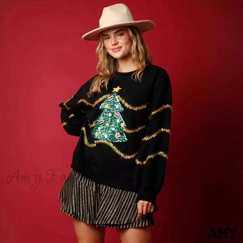 Christmas Sequins Stripes Long Sleeve Casual Sweater Black / S