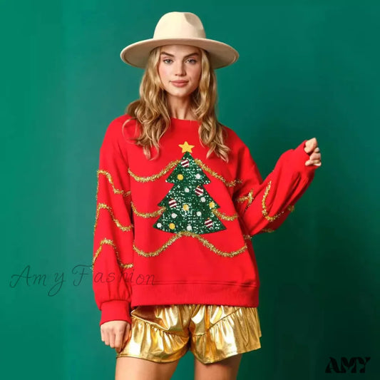 Christmas Sequins Stripes Long Sleeve Casual Sweater Red / S