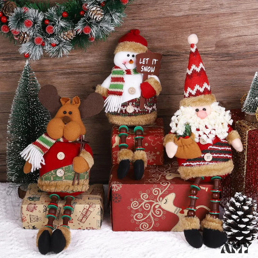 Christmas Sitting Santa Snowman Reindeer Doll Long Legs Ornament Set - Pack Of 3