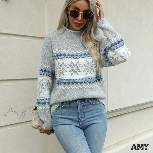 Christmas Snowflake Jacquard Mock Neck Long Sleeve Sweater Gray / S