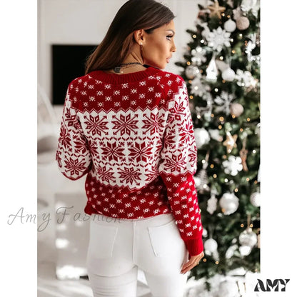 Christmas Snowflake Knitted Long Sleeve O Neck Casual Printed Sweater