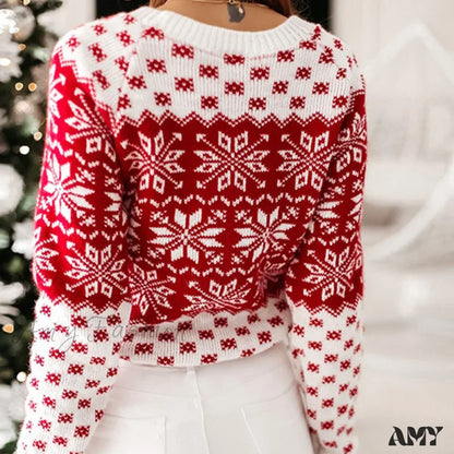 Christmas Snowflake Knitted Long Sleeve O Neck Casual Printed Sweater