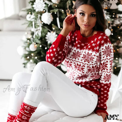 Christmas Snowflake Knitted Long Sleeve O Neck Casual Printed Sweater Red / S