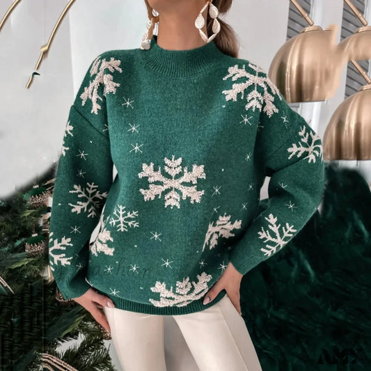 Christmas Snowflake Print Oversized Sweater With Full Sleeves Green / S