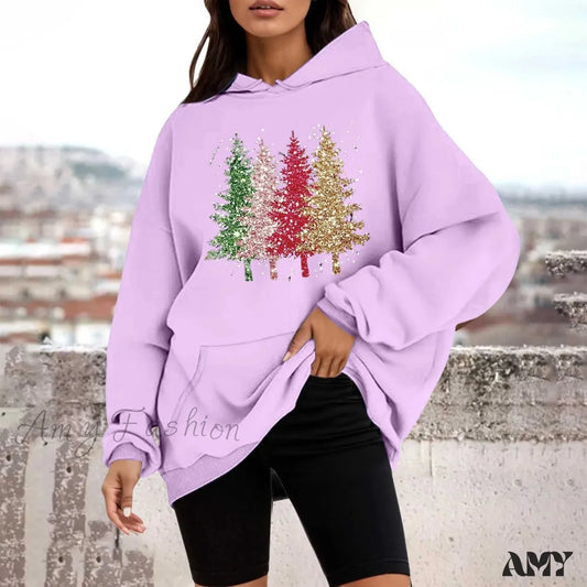 Christmas Tree Crewneck Pullover Hoodie - Autumn Collection Light Purple-A / M