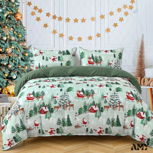 Christmas Tree Deer Queen Size Duvet Cover Set - Green /