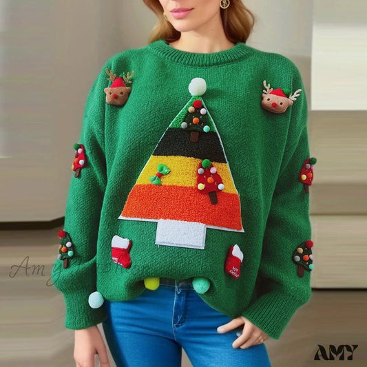 Christmas Tree Jacquard Round Neck Long Sleeve Fleece Sweater Green / S