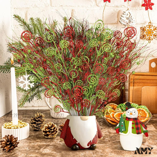 Christmas Tree Picks Decorations - Red Green Glitter Curly Berry Stems 48Pcs