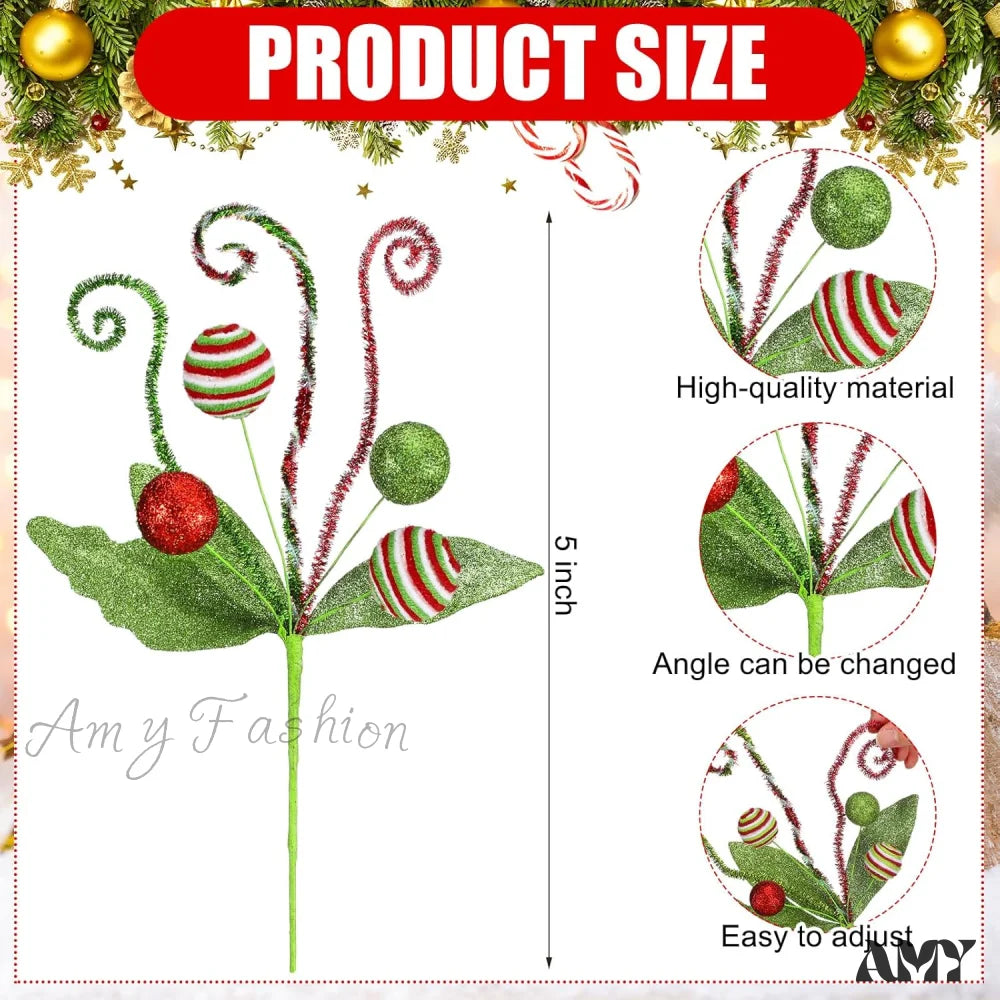 Christmas Tree Picks - Red Green Glitter Curly Sprays 12 Pack